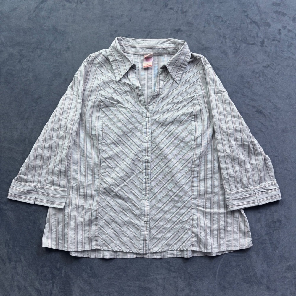 Faded Glory Woman Stretch Striped 3/4 Sleeve Button Down Top 3X 22W 24W Metallic